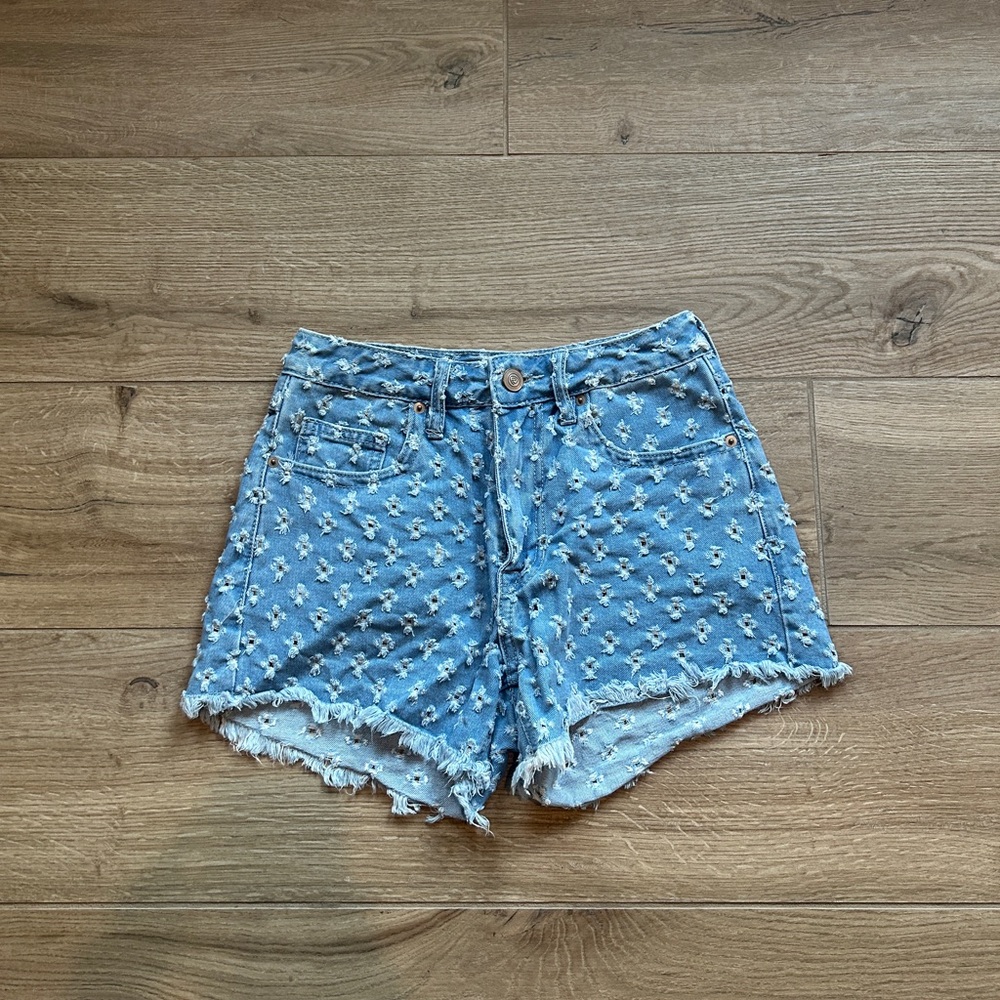 Embroidered Light Blue Denim High-Rise Shorts